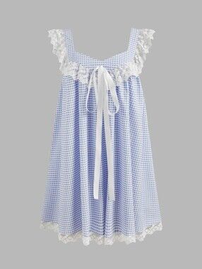 Cider Sweetheart Gingham Lace Trim Babydoll Knotted Mini Dress